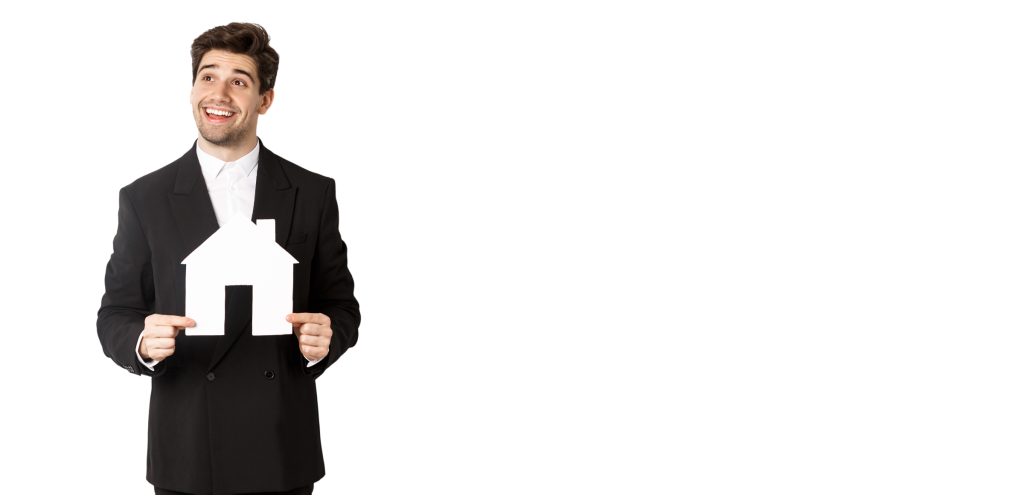 image handsome investor black suit holding house maket looking upper left corner though photoroom